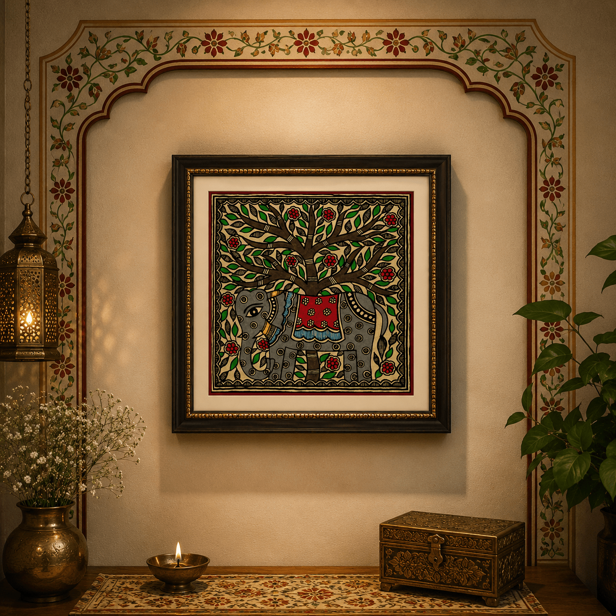 Handmade Madhubani Elephant Under Tree Painting | Traditional Mithila Art
