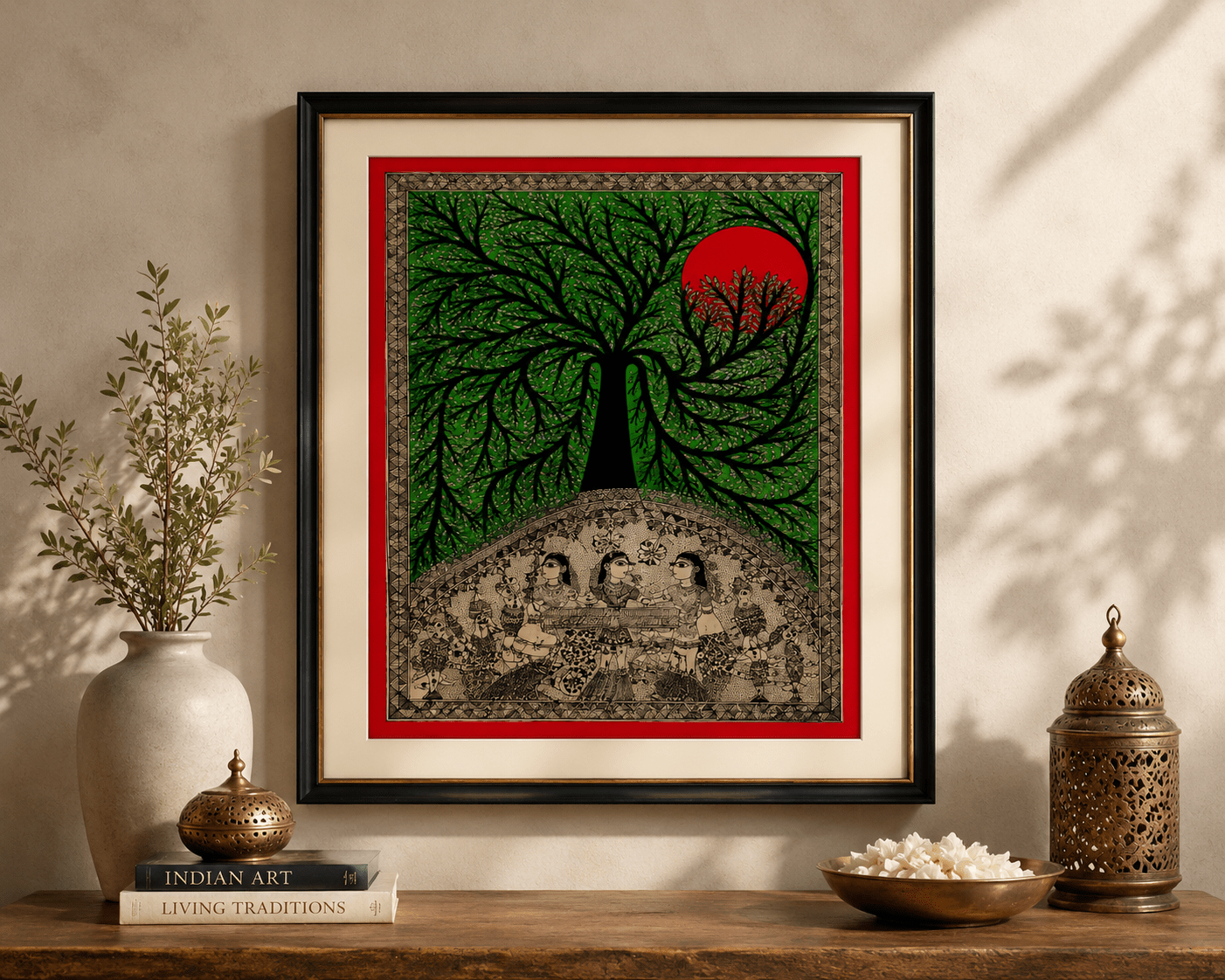 Handmade Godna Madhubani Tree of Life with Boat Painting | Traditional Mithila Folk Art