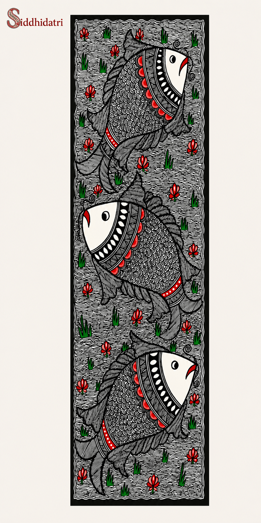 Handmade Godna Madhubani Triple Fish Painting | Traditional Mithila Folk Art on Handmade Paper Handmade India
