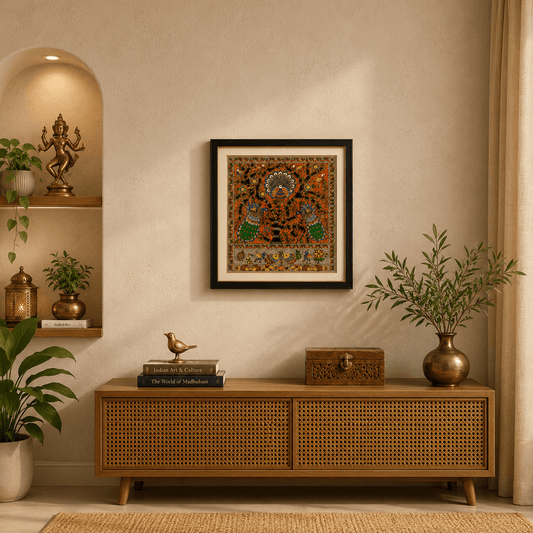 Royal Peacock Madhubani Painting with Tree of Life | Handmade Folk Wall Art
