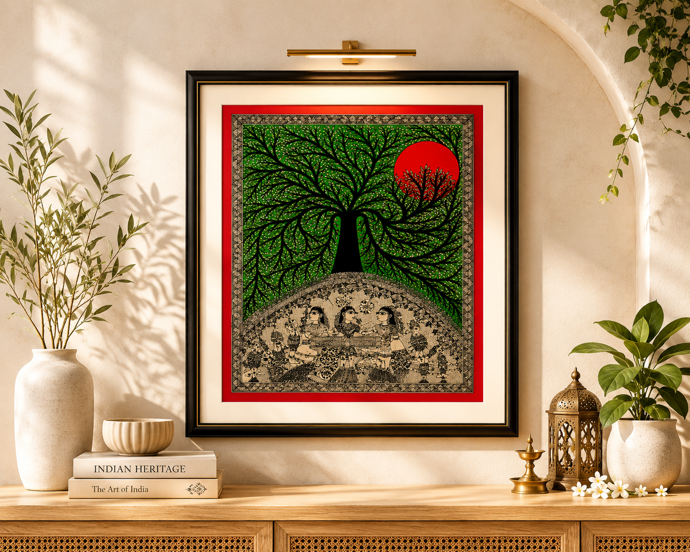 Handmade Godna Madhubani Tree of Life with Boat Painting | Traditional Mithila Folk Art