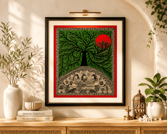 Handmade Godna Madhubani Tree of Life with Boat Painting | Traditional Mithila Folk Art