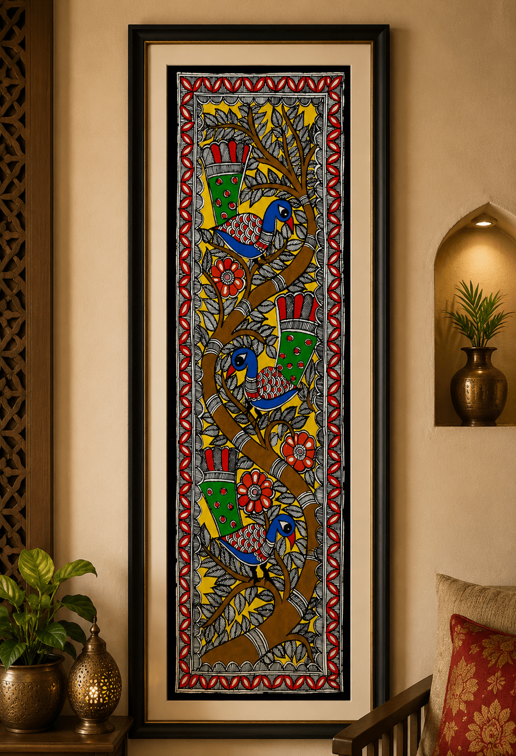 Handmade Madhubani Birds on Tree Painting | Traditional Mithila Wall Art