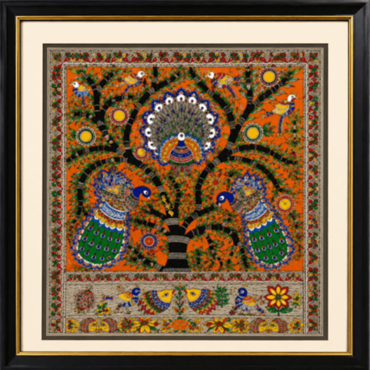 Royal Peacock Madhubani Painting with Tree of Life | Handmade Folk Wall Art