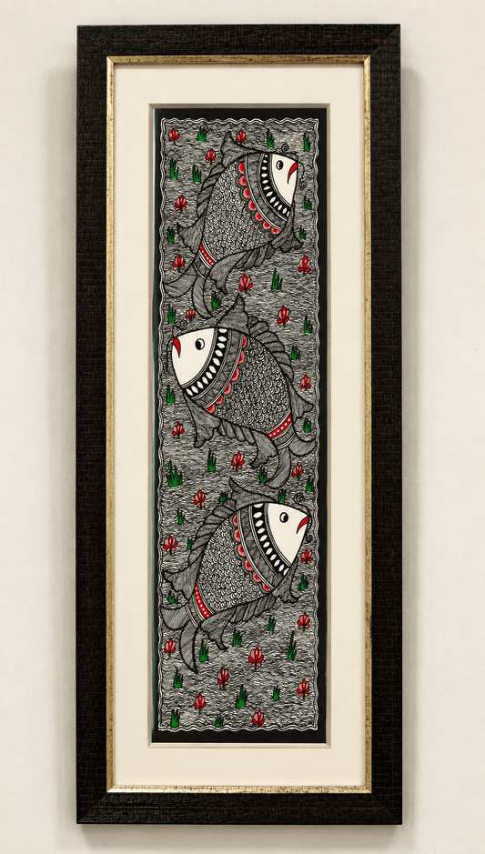Handmade Godna Madhubani Triple Fish Painting | Traditional Mithila Folk Art on Handmade Paper