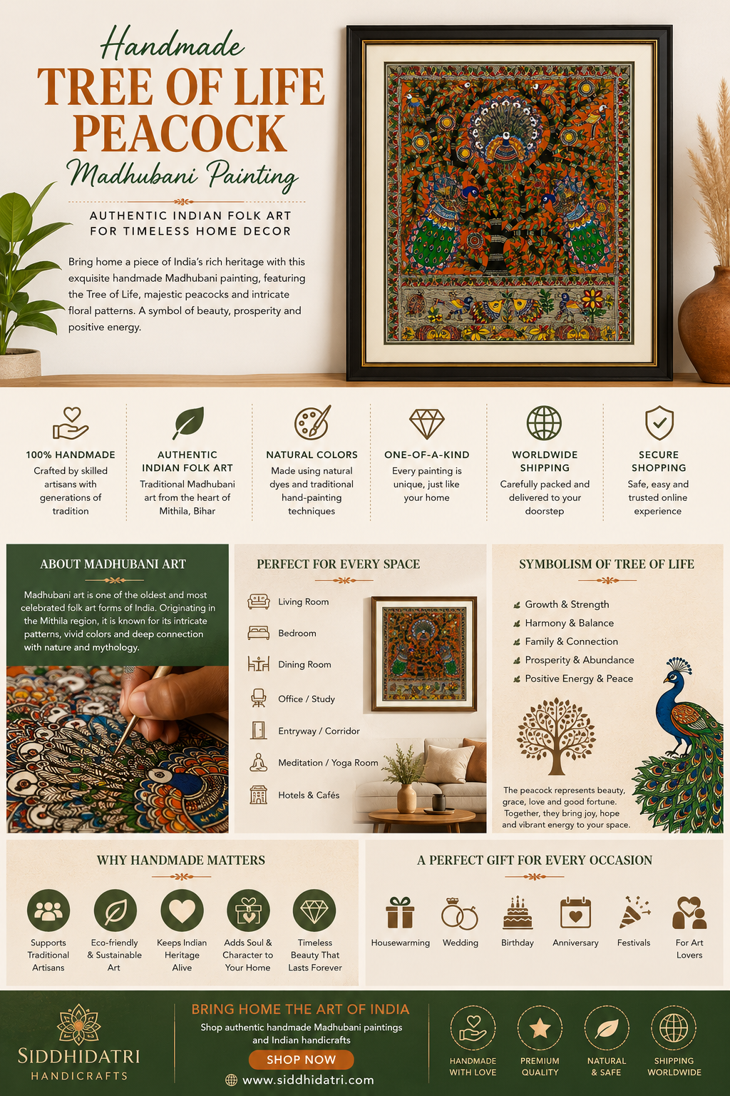 Handmade Tree of Life Peacock Madhubani Painting – Authentic Indian Folk Art for Timeless Home Decor