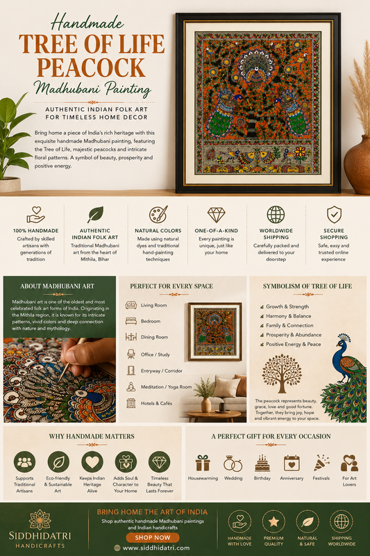 Handmade Tree of Life Peacock Madhubani Painting – Authentic Indian Folk Art for Timeless Home Decor