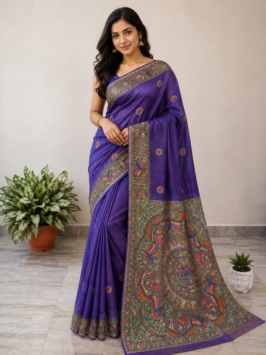 Handpainted Gicha Silk blue Saree – Artisan-Crafted Heritage Elegance | Exclusive Handmade Saree