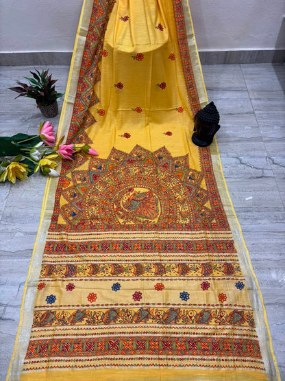 Handpainted Linen Cotton Saree for Women | Handmade Artisan Painted Saree | Lightweight Elegant Ethnic Wear