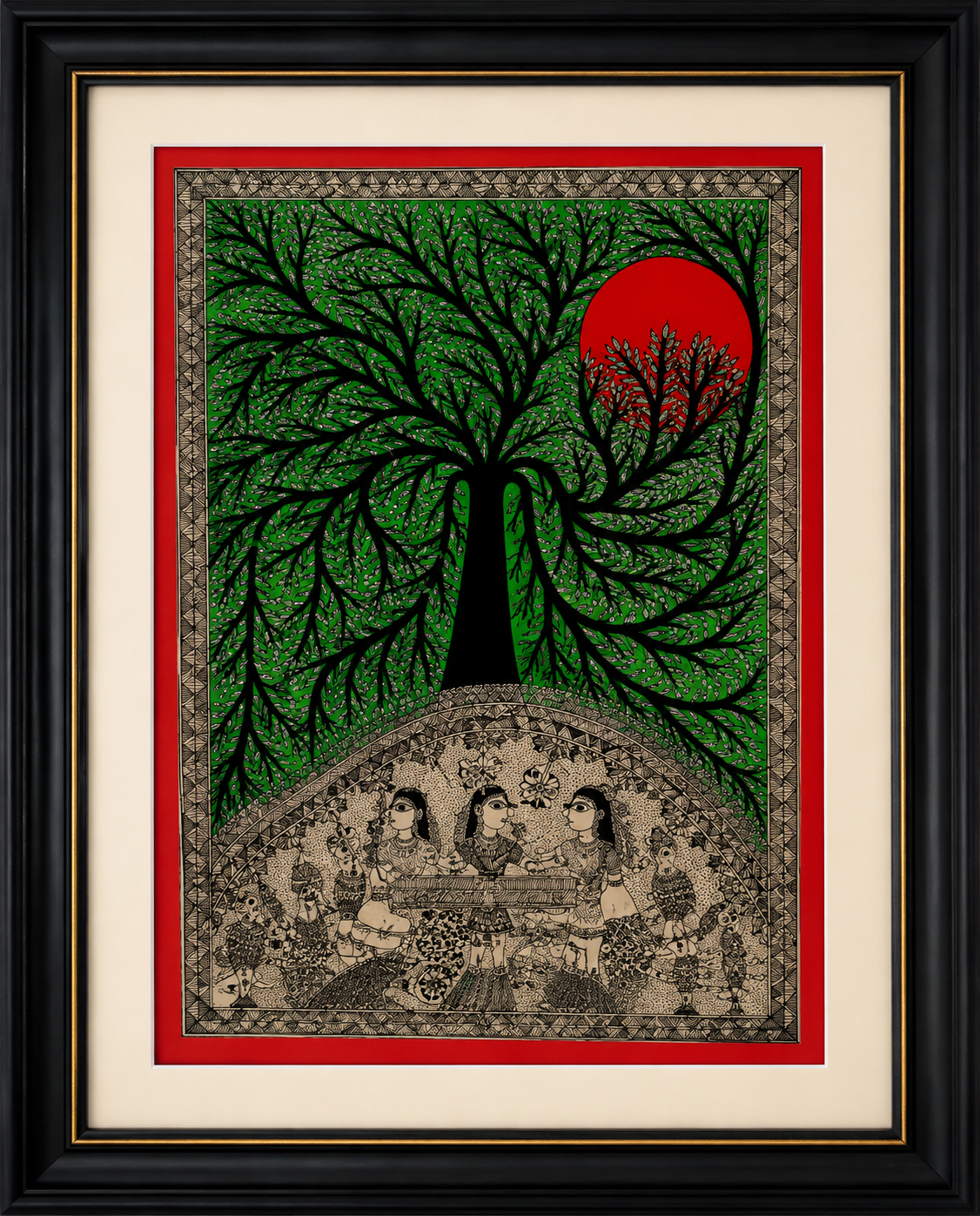 Handmade Godna Madhubani Tree of Life with Boat Painting | Traditional Mithila Folk Art