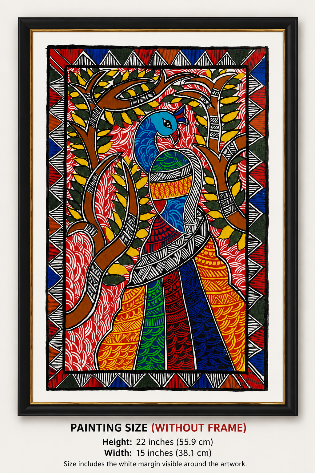 Authentic Handmade Madhubani Peacock Painting | Traditional Mithila Folk Art | 22 × 15 Inch