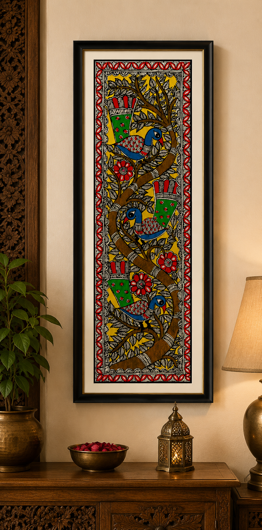 Handmade Madhubani Birds on Tree Painting | Traditional Mithila Wall Art
