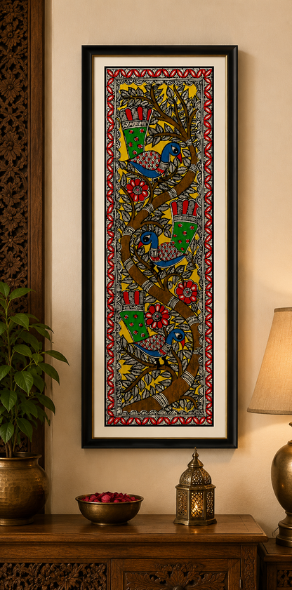 Handmade Madhubani Birds on Tree Painting | Traditional Mithila Wall Art