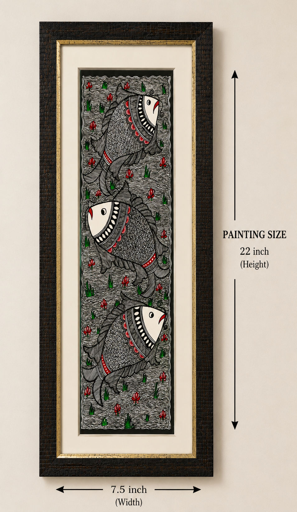 Handmade Godna Madhubani Triple Fish Painting | Traditional Mithila Folk Art on Handmade Paper