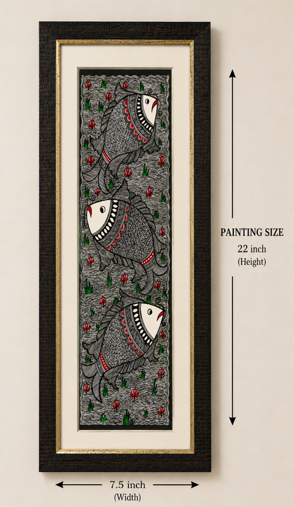 Handmade Godna Madhubani Triple Fish Painting | Traditional Mithila Folk Art on Handmade Paper