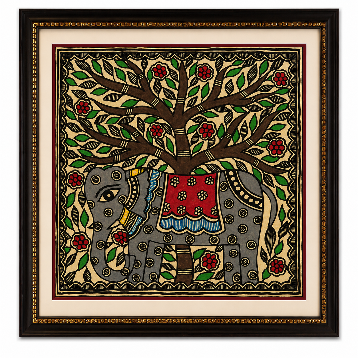 Handmade Madhubani Elephant Under Tree Painting | Traditional Mithila Art