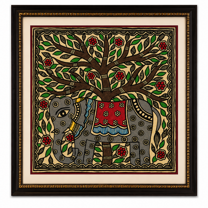 Handmade Madhubani Elephant Under Tree Painting | Traditional Mithila Art