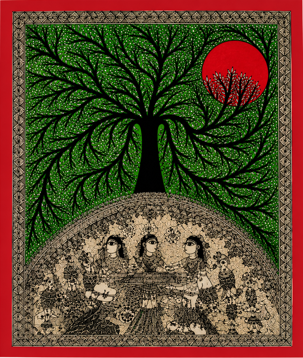 Handmade Godna Madhubani Tree of Life with Boat Painting | Traditional Mithila Folk Art