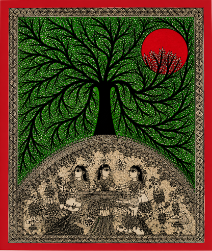 Handmade Godna Madhubani Tree of Life with Boat Painting | Traditional Mithila Folk Art