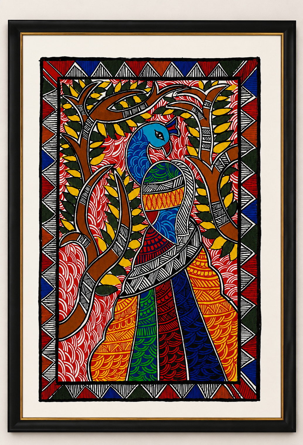 Authentic Handmade Madhubani Peacock Painting | Traditional Mithila Folk Art | 22 × 15 Inch