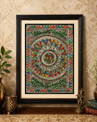 Handmade Madhubani Mandala Painting | Traditional Mithila Folk Art | Original Circular Wall Art