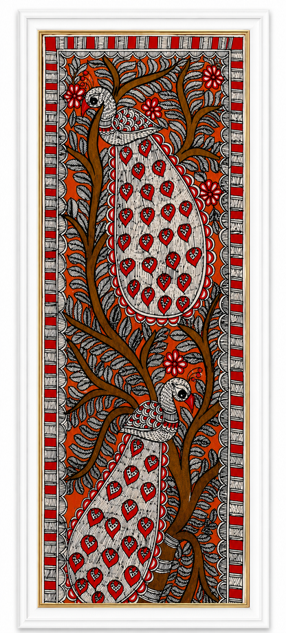 Handmade Madhubani Twin Peacock Painting | Traditional Mithila Wall Art