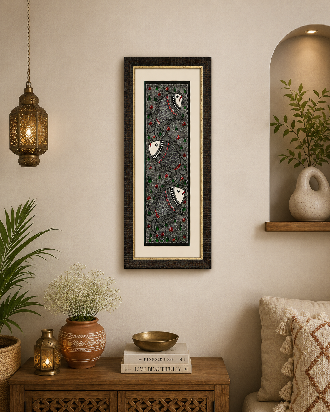 Handmade Godna Madhubani Triple Fish Painting | Traditional Mithila Folk Art on Handmade Paper