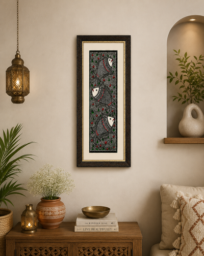 Handmade Godna Madhubani Triple Fish Painting | Traditional Mithila Folk Art on Handmade Paper