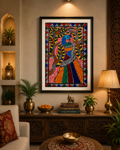 Authentic Handmade Madhubani Peacock Painting | Traditional Mithila Folk Art | 22 × 15 Inch