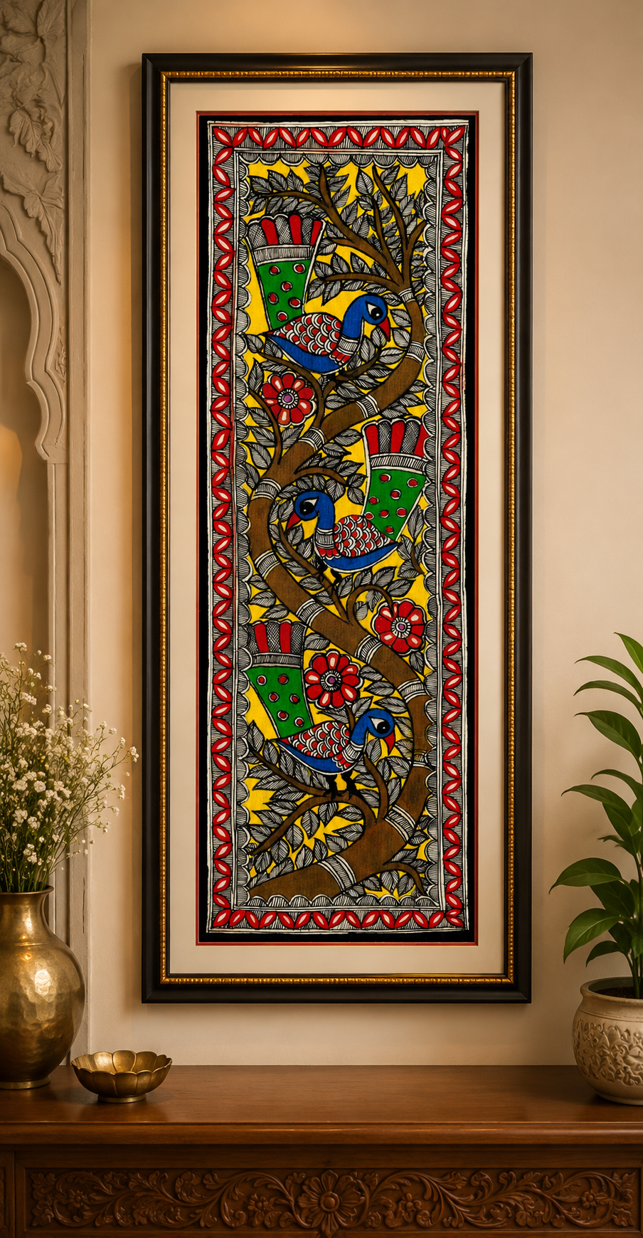 Handmade Madhubani Birds on Tree Painting | Traditional Mithila Wall Art