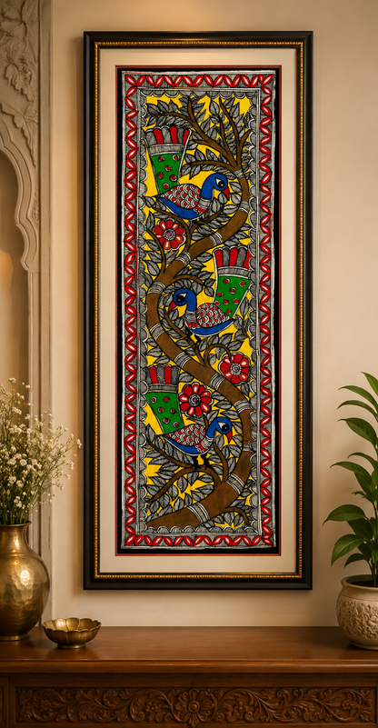 Handmade Madhubani Birds on Tree Painting | Traditional Mithila Wall Art