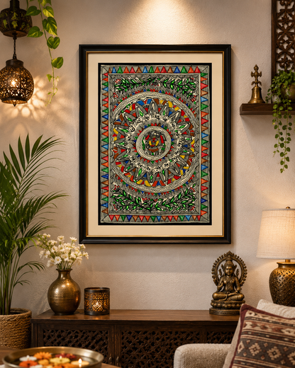 Handmade Madhubani Mandala Painting | Traditional Mithila Folk Art | Original Circular Wall Art