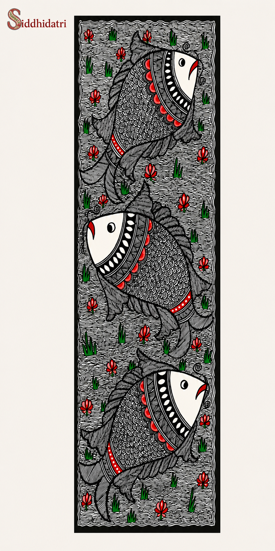 Handmade Godna Madhubani Triple Fish Painting | Traditional Mithila Folk Art on Handmade Paper
