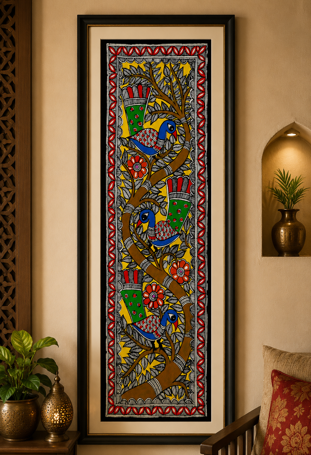 Handmade Madhubani Birds on Tree Painting | Traditional Mithila Wall Art