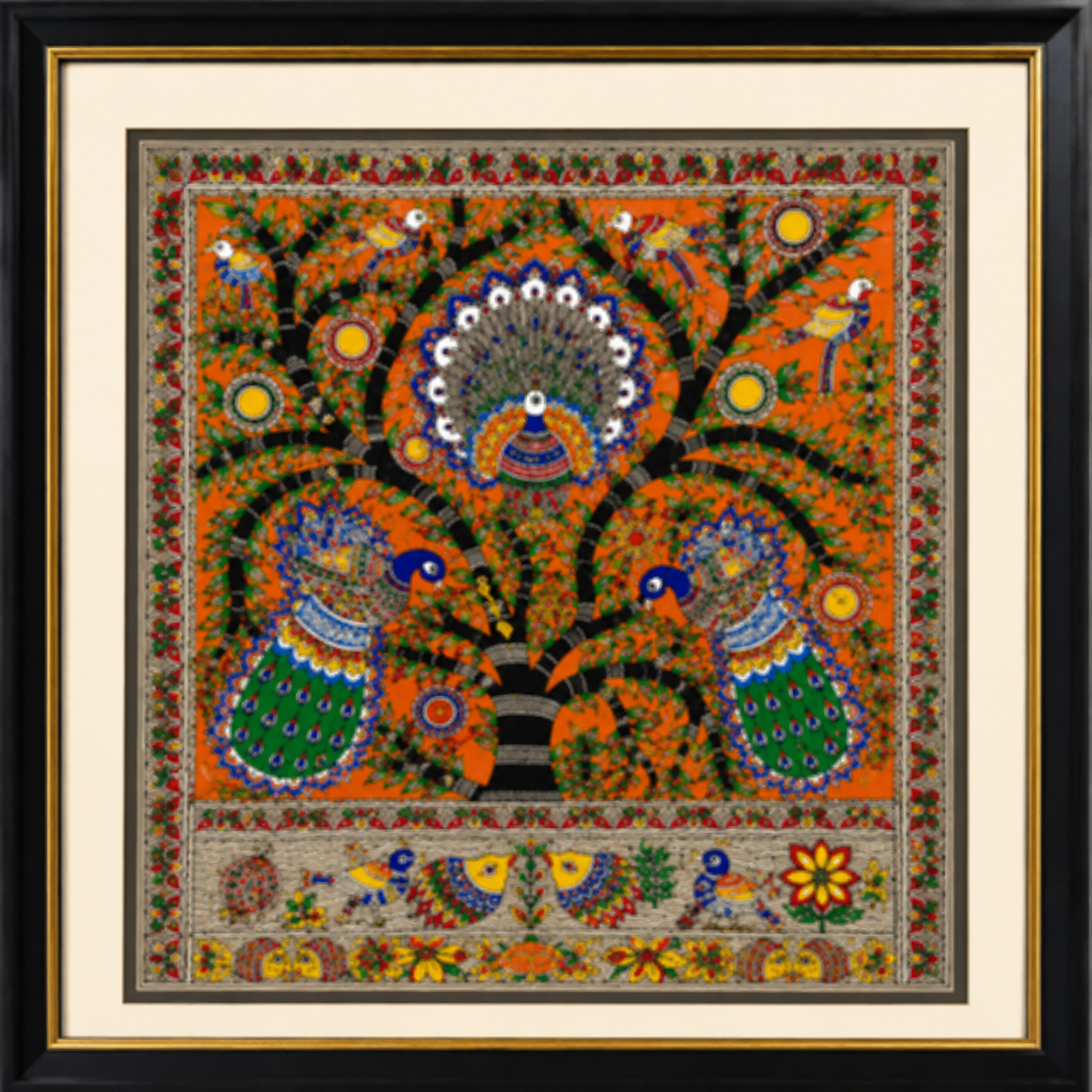 Royal Peacock Madhubani Painting with Tree of Life | Handmade Folk Wall Art