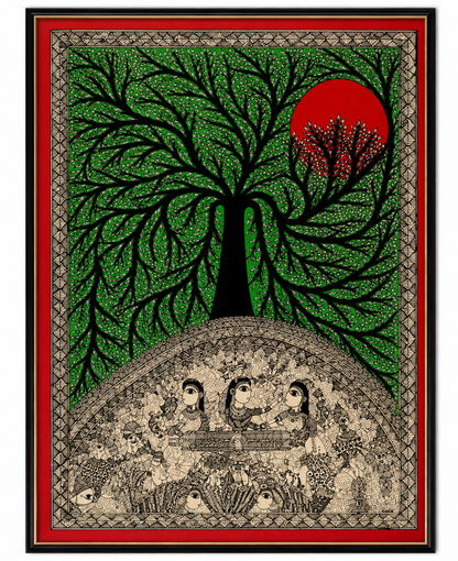 Handmade Godna Madhubani Tree of Life with Boat Painting | Traditional Mithila Folk Art