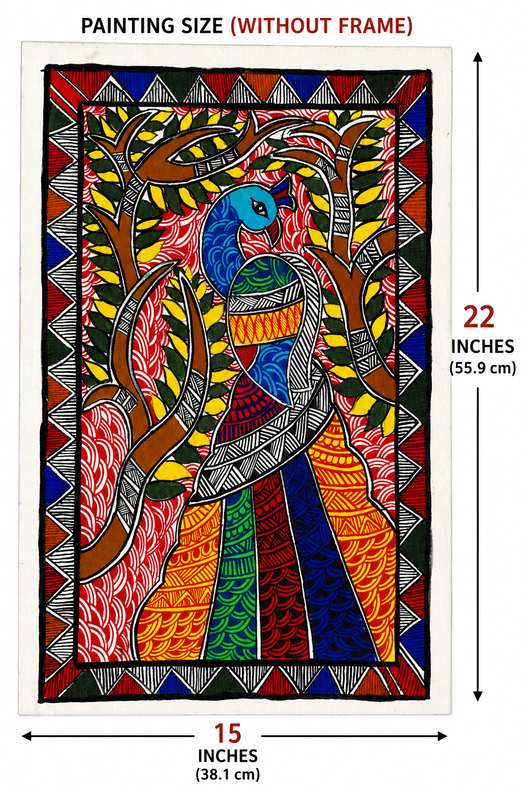 Authentic Handmade Madhubani Peacock Painting | Traditional Mithila Folk Art | 22 × 15 Inch