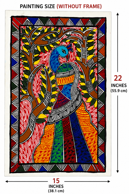 Authentic Handmade Madhubani Peacock Painting | Traditional Mithila Folk Art | 22 × 15 Inch