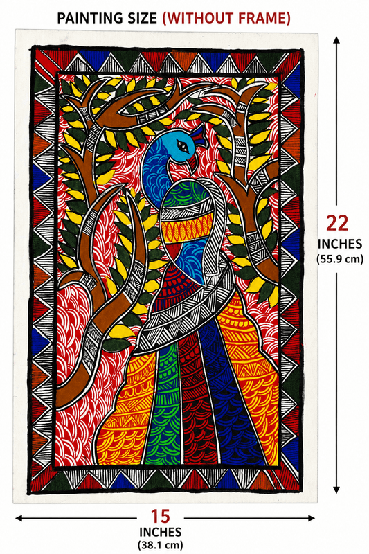 Authentic Handmade Madhubani Peacock Painting | Traditional Mithila Folk Art | 22 × 15 Inch
