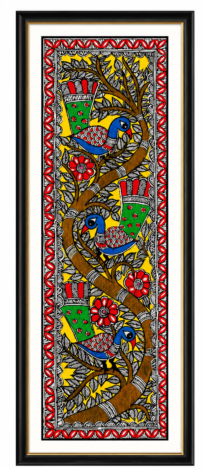 Handmade Madhubani Birds on Tree Painting | Traditional Mithila Wall Art