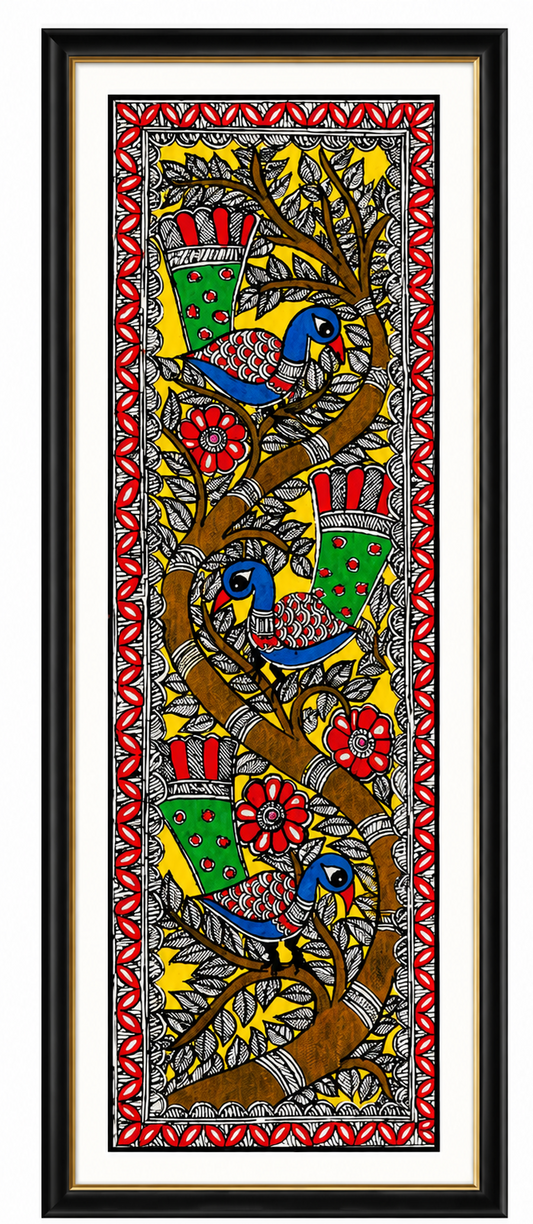 Handmade Madhubani Birds on Tree Painting | Traditional Mithila Wall Art