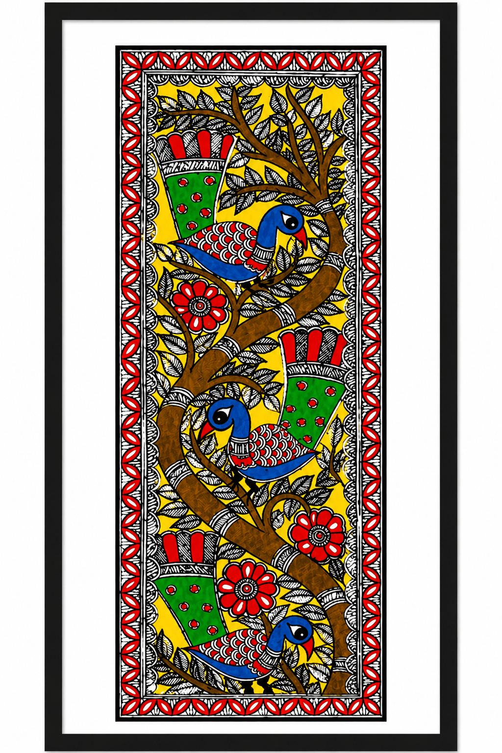 Handmade Madhubani Birds on Tree Painting | Traditional Mithila Wall Art