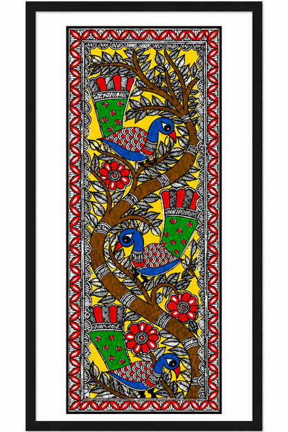 Handmade Madhubani Birds on Tree Painting | Traditional Mithila Wall Art