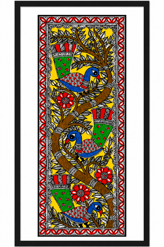 Handmade Madhubani Birds on Tree Painting | Traditional Mithila Wall Art