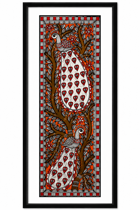 Handmade Madhubani Twin Peacock Painting | Traditional Mithila Wall Art