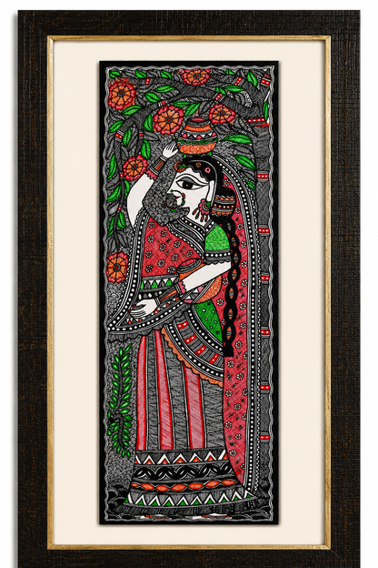Madhubani Woman Carrying Earthen Pots Painting | Handmade Mithila Folk Art