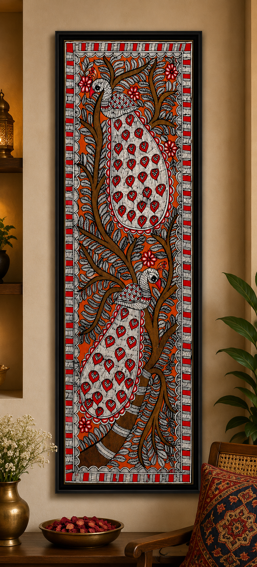 Handmade Madhubani Twin Peacock Painting | Traditional Mithila Wall Art