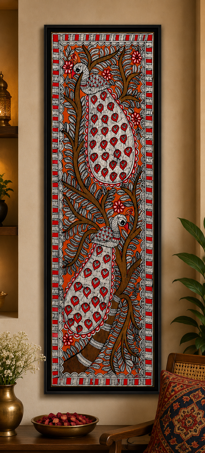 Handmade Madhubani Twin Peacock Painting | Traditional Mithila Wall Art