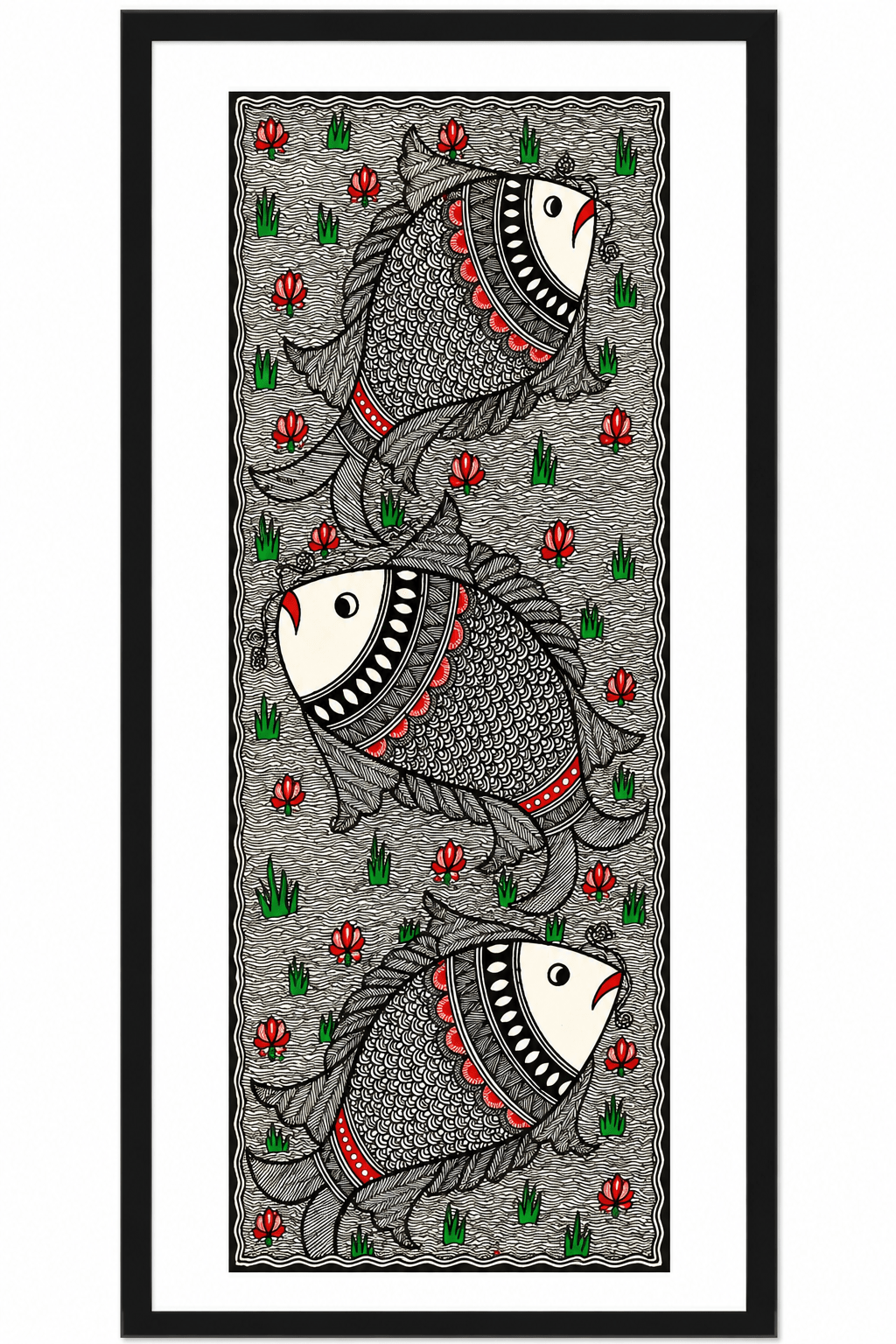 Handmade Godna Madhubani Triple Fish Painting | Traditional Mithila Folk Art on Handmade Paper