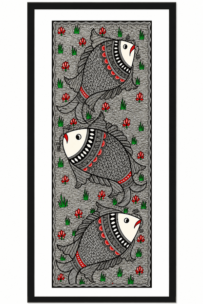 Handmade Godna Madhubani Triple Fish Painting | Traditional Mithila Folk Art on Handmade Paper